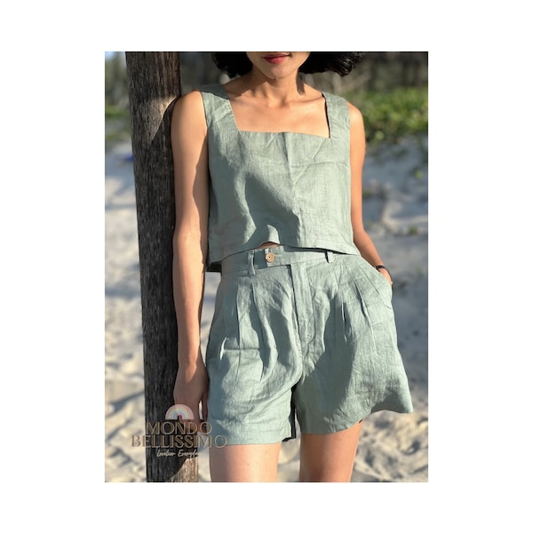 Linen Top And Shorts, Summer Linen Set, Women Linen Clothes, Linen Clothing, Linen Tunic Top,  High Waist Short, Linen Blouse, Casual Top