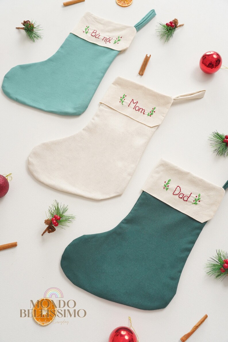 Embroidered Linen Stocking, Christmas Stockings, Linen Stocking, Personalized Gift, Name Stocking, Holiday Stocking, Minimal Stocking X03 image 4