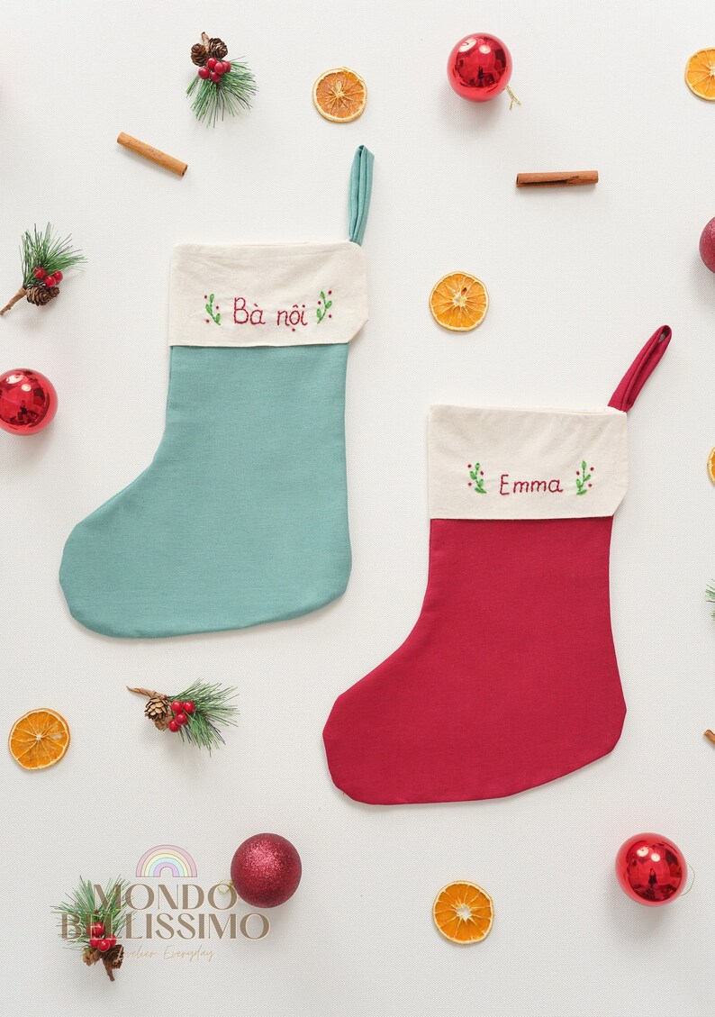 Embroidered Linen Stocking, Christmas Stockings, Linen Stocking, Personalized Gift, Name Stocking, Holiday Stocking, Minimal Stocking X03 image 6