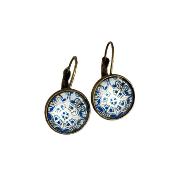 Pendientes cabujón azulejo, Azulejos portugueses joya, camafeo azulejo, joyería cabujón, pendientes azulejo español, Pendientes redondos