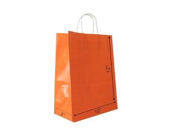 May include: An orange paper gift bag with white twisted paper handles. The bag is 12 inches tall, 10 inches wide, and 5 inches deep.