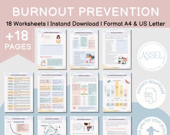 May include: A set of 18 printable worksheets on burnout prevention. The worksheets are in a pink and green color scheme with illustrations of people and objects. The title of the set is "Burnout Prevention" and the text "+18 Pages" is in a larger font. The text "Instant Download | Format A4 & US Letter" is also included.