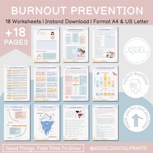 May include: A set of 18 printable worksheets on burnout prevention. The worksheets are in a pink and green color scheme with illustrations of people and objects. The title of the set is "Burnout Prevention" and the text "+18 Pages" is in a larger font. The text "Instant Download | Format A4 & US Letter" is also included.