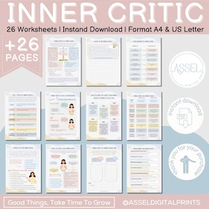 May include: A set of 26 printable worksheets designed to help people understand and manage their inner critic. The worksheets feature illustrations of people and jars, and the text "Inner Critic" in a pink and blue color scheme. The text "+26 Pages" is also included in the image.