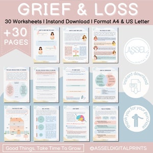 Grief and Loss workbook for Teens and Adults , Stages of Grief Worksheets, CBT Worksheets,  depression worksheets, anxiety worksheets