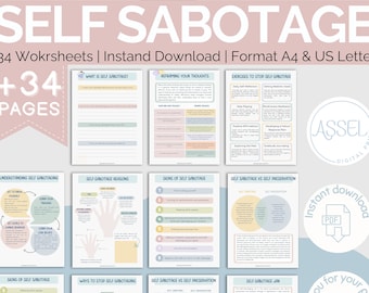 May include: A set of 34 printable worksheets on self-sabotage. The worksheets are designed to help people understand and overcome self-sabotaging behaviors. The worksheets are in a pastel color scheme with illustrations of hands and jars. The text on the worksheets includes phrases like "Reframing Your Thoughts", "Signs of Self Sabotage", and "Self Sabotage vs Self Preservation".