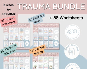 88 Trauma Therapy worksheets Bundle, PTSD ,polyvagal theory, life of tree,Narrative Therapy, tools, window of tolerance , dbt, cbt, emdr