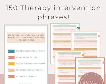 May include: A pink and green digital download for therapists with the text "150 Therapy Intervention Phrases with Examples of HIPAA-Compliant Progress Notes." The download includes 31 pages of therapy intervention phrases for different types of therapy, including Cognitive Behavioral Therapy, Narrative Therapy, Dialectical Behaviour Therapy, Interpersonal Therapy, and Trauma Therapy.