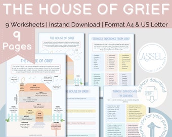 May include: A set of nine printable worksheets titled "The House of Grief" with a colorful house illustration. The worksheets are designed to help people process grief and explore feelings, coping mechanisms, and support systems. The worksheets are available for instant download in A4 and US Letter sizes.