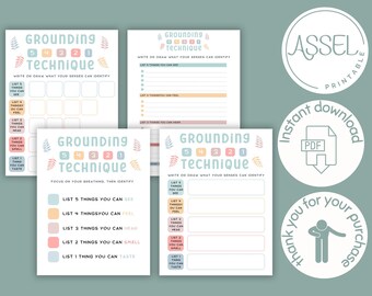 May include: Four printable posters and worksheets with a calming pastel color scheme. Each worksheet features a grounding technique that encourages users to identify things they can see, feel, hear, smell, and taste. The text "Grounding Technique" is featured on each worksheet. The text "54321" is also featured on each worksheet. The text "Instant Download PDF" is featured on one of the worksheets. The text "Thank you for your purchase" is featured on one of the worksheets.