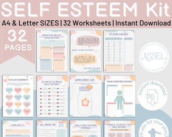 32 Self Esteem Worksheets Bundle , DBT Confidence Worksheets, therapy resources, Therapy worksheets,therapy office decor, teen health,