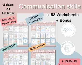 62 assertive communication skills bundle, Accountability , Perfectionism, Difficult Conversations,  therapy resources, , dbt, cbt, emdr, bpd