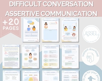 May include: A printable worksheet set with a pink and blue color scheme. The set includes 20 pages of worksheets on assertive communication and difficult conversations. The title of the set is "Difficult Conversation Assertive Communication +20 Pages".