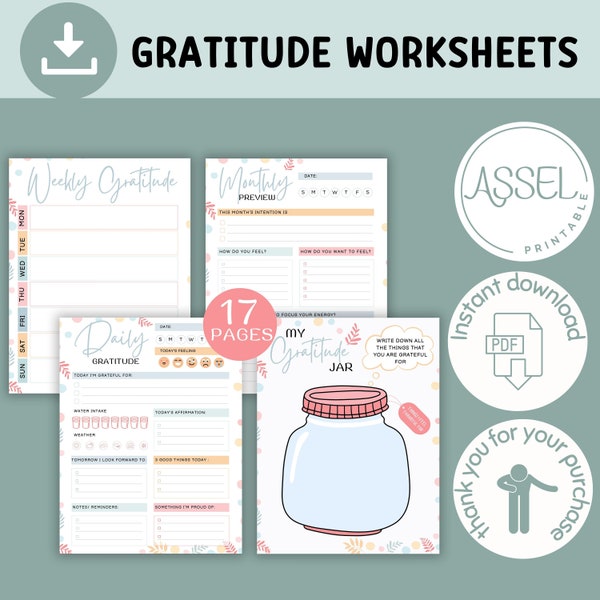 17 Gratitude Journal Printable bundle, daily gratitude tracker gratitude worksheets Self Care Planner Gratitude Template grief journal