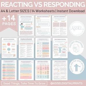 Responding Vs Reacting worksheets bundle,conflict resolution, family therapy, Couples Therapy Communication, Emotional Regulation Skills