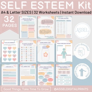 32 Self Esteem Worksheets Bundle , DBT Confidence Worksheets, therapy resources, Therapy worksheets,therapy office decor, teen health,