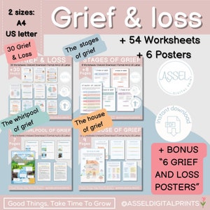 54 Grief and Loss bundle  ,Stages of Grief Worksheets, CBT Worksheets,  the house of grief, anxiety worksheets, Grief and Loss Poster