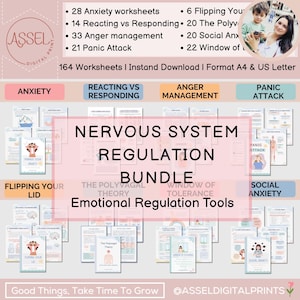 May include: A digital download bundle of 164 worksheets focused on emotional regulation, including topics like anxiety, anger management, and panic attacks. The bundle is titled "Nervous System Regulation Bundle" and includes the text "Emotional Regulation Tools."