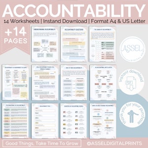 May include: A set of 14 printable worksheets on accountability, with a pink and blue colour scheme. The worksheets include titles such as "Understanding Accountability", "Accountability Questions", "The Ladder of Accountability", "Accountability vs Responsibility vs Blame", "How Accountability Helps You Improve Yourself", "How to Take Accountability", "Be Accountable, Not a Victim", "The Importance of Accountability", "Accountability Talk", "Qualities of Accountable People", and "Ways to Hold Yourself Accountable".