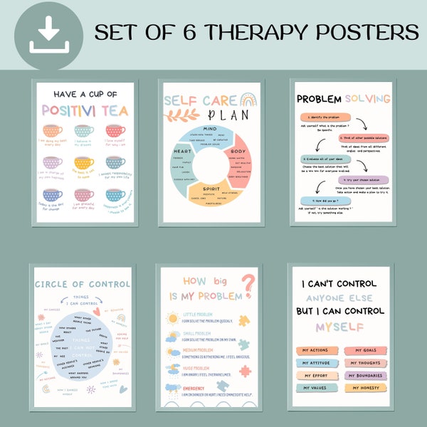 set of 6 therapy posters, School Counselor Posters Social Worker bundle Therapy Wall Art, Counseling Bundle Mental Health poster bundle