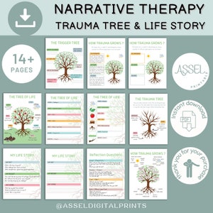 14 Hoja de trabajo de historia de vida de terapia narrativa, hojas de trabajo del Árbol de la vida, hojas de trabajo de terapia de trauma, hoja de trabajo de ansiedad, recursos de psicología, EMDR