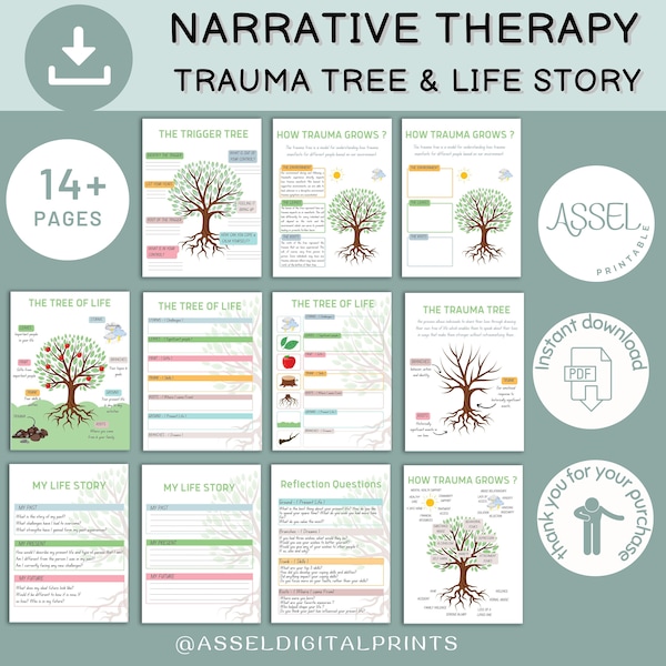 14 Narratieve therapie Werkblad levensverhaal, werkbladen Levensboom, werkbladen traumatherapie, werkblad angst, psychologische hulpmiddelen, EMDR
