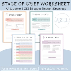 Stages of grief worksheets, grief and loss, bereavement, grief therapy, death and loss, coping skills, depression, therapy workbook, tools