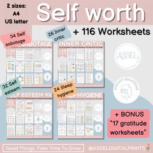 May include: A pink and blue digital download graphic for a self-worth workbook. The graphic features four sections: self-sabotage, inner critic, self-esteem, and sleep hygiene. Each section has a title, a number of worksheets, and a preview of the worksheets. The graphic also includes the text "Self Worth" and "+ 116 Worksheets".