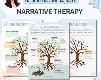 May include: A set of 15 printable narrative therapy worksheets including The Trigger Tree, The Tree of Life, and The Trauma Tree. Each page features tree illustrations with labeled sections for writing, designed for A4 and US letter paper sizes.