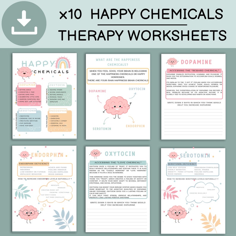 Pode incluir: Dez folhas de trabalho imprim&iacute;veis com ilustra&ccedil;&otilde;es coloridas de c&eacute;rebros e flores. Cada folha de trabalho se concentra em um dos quatro produtos qu&iacute;micos da felicidade: dopamina, oxitocina, serotonina e endorfina. As folhas de trabalho incluem informa&ccedil;&otilde;es sobre cada produto qu&iacute;mico, sua defici&ecirc;ncia e como aumentar seus n&iacute;veis naturalmente.