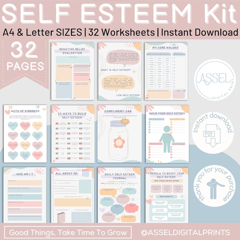 May include: A printable self-esteem kit with 32 worksheets. The worksheets are designed to help build self-esteem and include activities such as identifying core values, practicing acts of kindness, and building a compliment jar. The kit is available in A4 and letter sizes and is an instant download.