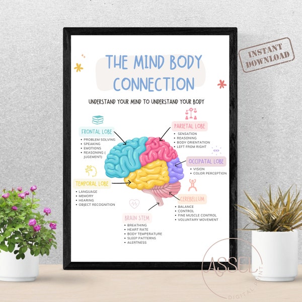 Mind body connection poster, therapy office decor, brain parts, human brain, brain anatomy print, stress management, EMDR, CBT, fight flight