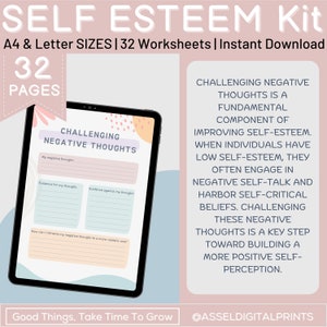 May include: A digital download for a self-esteem kit with 32 worksheets. The cover features a tablet with a worksheet titled "Challenging Negative Thoughts" and a pink background with the text "Self Esteem Kit" in large white letters. The text "A4 & Letter SIZES | 32 Worksheets | Instant Download" is below the title. The text "32 PAGES" is in a pink circle in the top left corner. The text "Good Things, Take Time To Grow" is at the bottom left corner. The text "@ASSELDIGITALPRINTS" is at the bottom right corner.