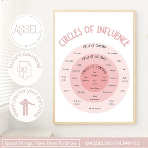 Puede incluir: Un póster imprimible con un esquema de color rosa y blanco. El póster presenta un diagrama de tres círculos concéntricos etiquetados como "Círculo de preocupación", "Círculo de influencia" y "Círculo de control". Los círculos están divididos en secciones con texto que describe diferentes aspectos de la vida, como la salud, las finanzas y el trabajo.