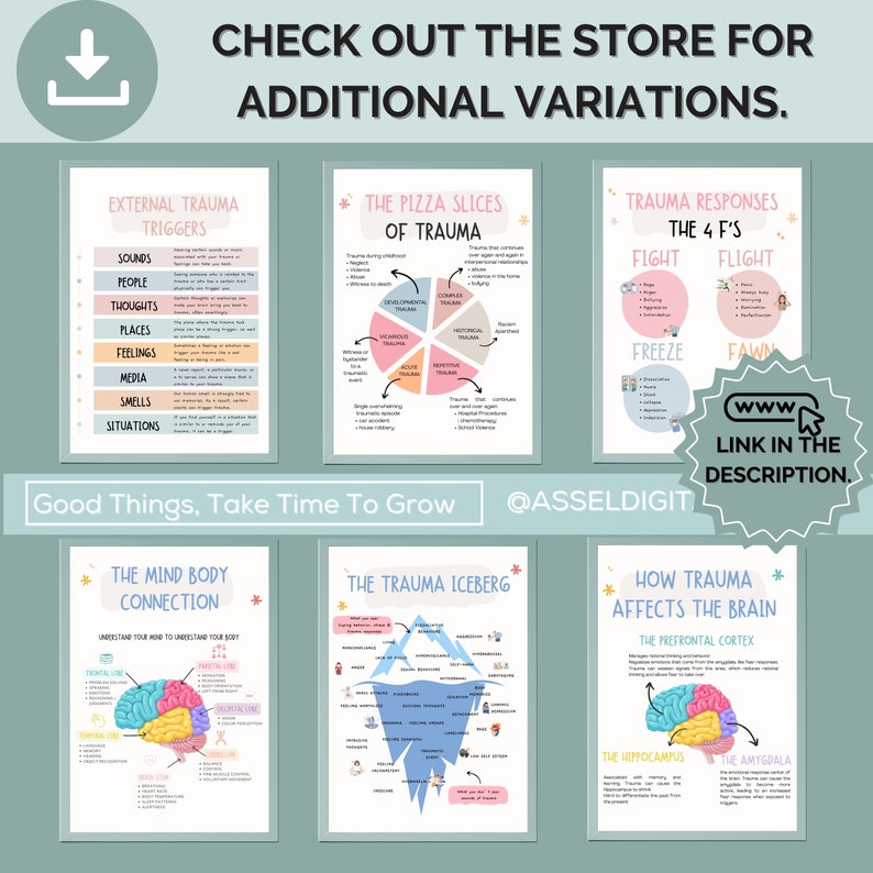 May include: A set of eight printable posters about trauma, featuring colorful illustrations and text. The posters cover topics such as external trauma triggers, the pizza slices of trauma, trauma responses, the mind-body connection, the trauma iceberg, and how trauma affects the brain.