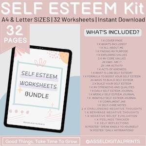 May include: A digital download bundle of 32 self-esteem worksheets for building self-confidence. The cover features a pink and blue tablet with the text "Self Esteem Worksheets Bundle" and a pink and blue background with abstract shapes. The text "What's Included?" is in a pink box with white text. The list of worksheets includes "Acts of Kindness", "Formula to Boost Your Self Esteem", "Daily Self Esteem Journal", and "Challenging Negative Thoughts".