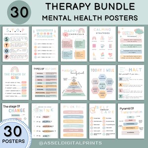 Pode incluir: Um conjunto de 30 cartazes de sa&uacute;de mental imprim&iacute;veis em cores pastel com ilustra&ccedil;&otilde;es e texto. Os cartazes incluem t&oacute;picos como t&eacute;cnicas de aterramento, produtos qu&iacute;micos da felicidade, estrat&eacute;gias calmantes, t&eacute;cnica RAIN, o poder do ainda n&atilde;o, tipos de autocuidado, hierarquia de necessidades de Maslow, hoje vou, o est&aacute;gio da mudan&ccedil;a, pensar antes de falar, est&aacute; bem, lista de verifica&ccedil;&atilde;o de autocuidado e pir&acirc;mide de transforma&ccedil;&atilde;o.