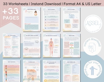 May include: A digital download featuring 33 anger management worksheets. The pages include topics like understanding anger, the cycle of anger, and how anger affects the body. The design is in soft pastel colors with the text "ANGER MANAGEMENT".