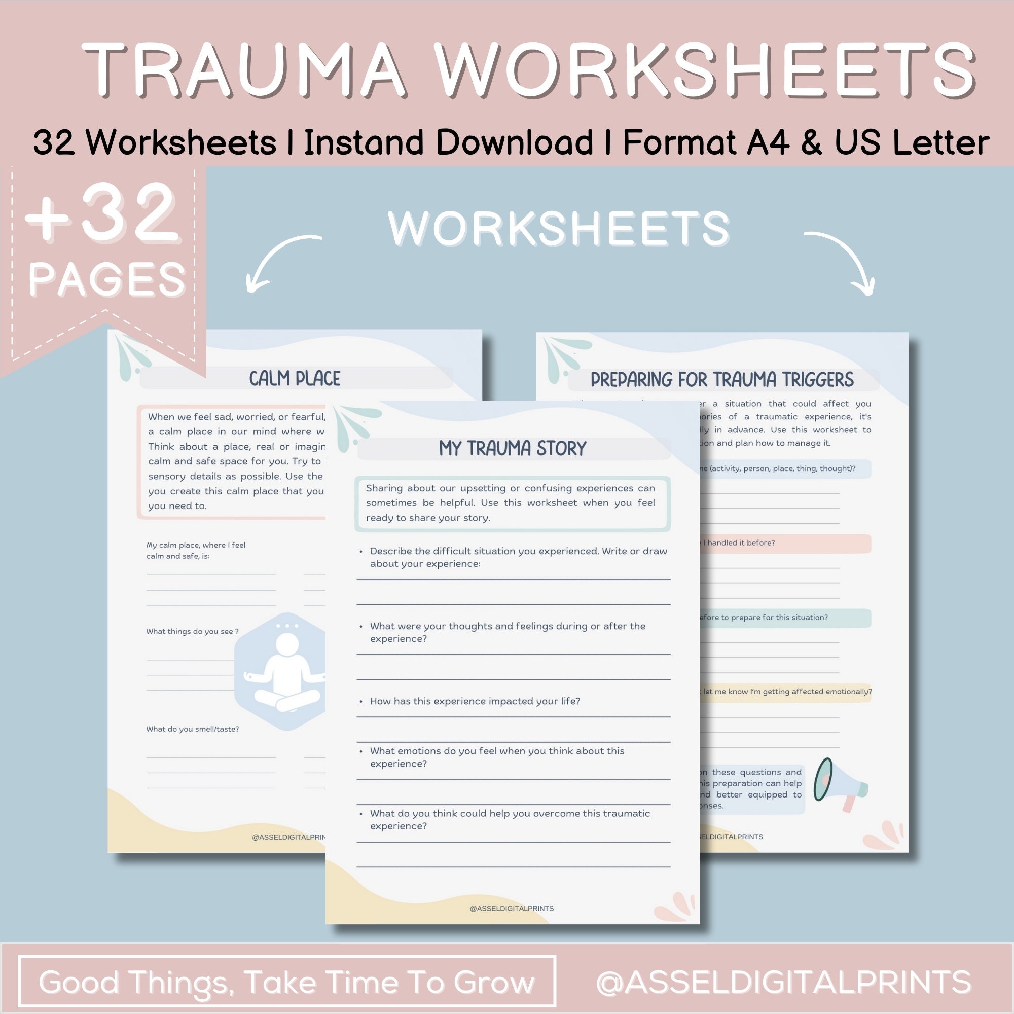 Trauma Worksheets Adult Bundle, CBT for Teens, Trauma Therapy Treatment