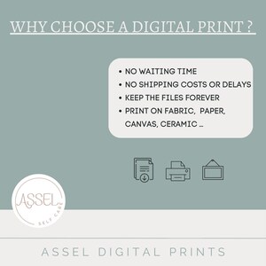 Op de afbeelding: Een afbeelding met de tekst "WHY CHOOSE A DIGITAL PRINT?" en een lijst met voordelen: Geen wachttijd, Geen verzendkosten of vertragingen, Bewaar de bestanden voor altijd, Print op stof, papier, canvas, keramiek. De afbeelding bevat ook een logo voor Assel Self Care en de tekst "ASSEL DIGITAL PRINTS".