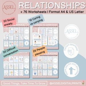 May include: A pink and white graphic with the text "RELATIONSHIPS + 76 Worksheets | Format A4 & US Letter" at the top. There are four sections with titles: "20 Social anxiety", "10 Caring vs carrying", "20 Difficult conversation", and "26 People pleasing". Each section has a grid of colorful worksheets with text and illustrations. The graphic also includes a logo for "ASSEL DIGITAL PRINT" and a "Thank you for your purchase" graphic.