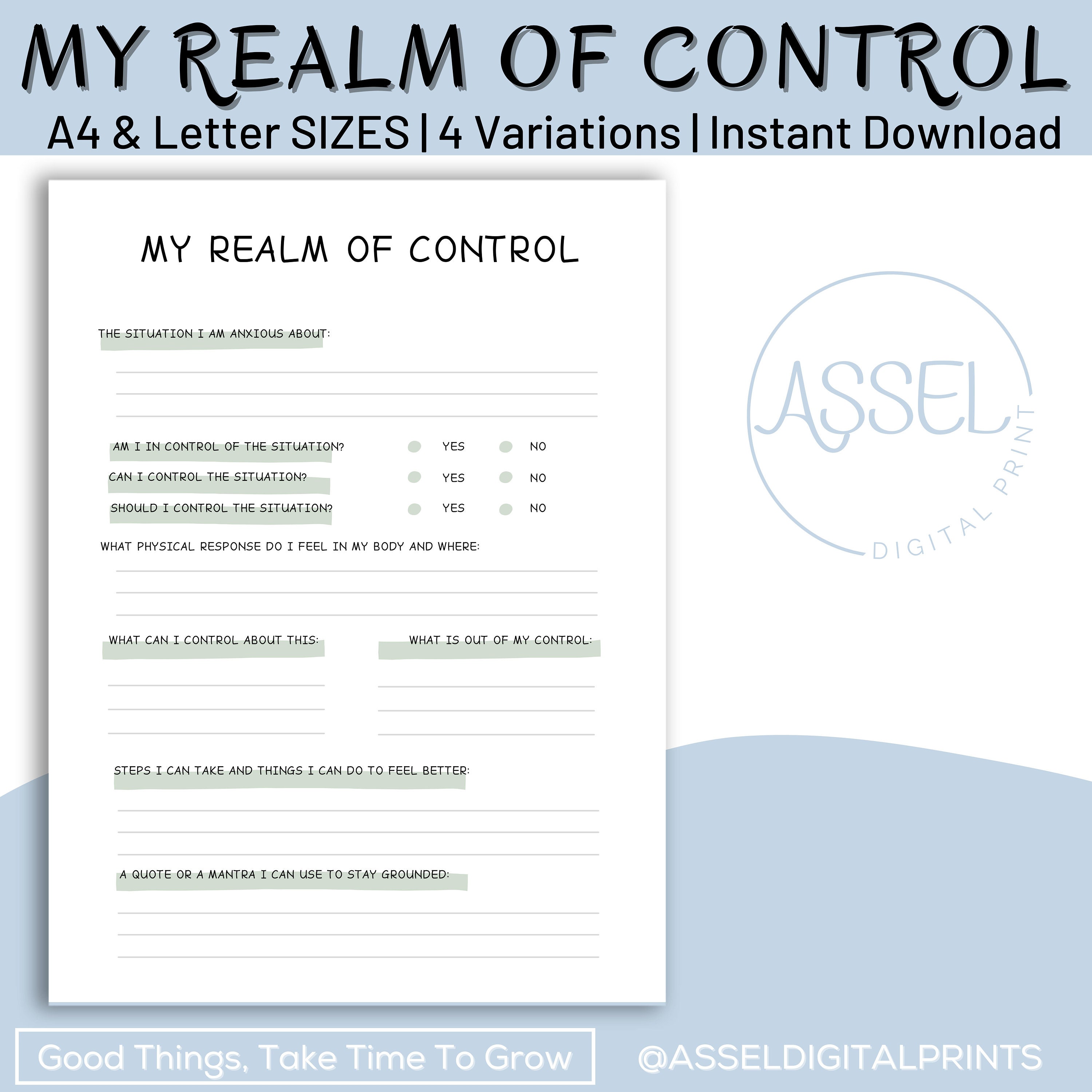 My Realm of Control Printable Worksheet Journal Inserts Planner ...