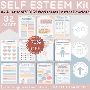 May include: A printable self-esteem kit with 32 worksheets in pink, blue, and white. The kit includes worksheets for identifying negative beliefs, building self-esteem, and practicing acts of kindness. The text on the image reads "Self Esteem Kit", "A4 & Letter Sizes | 32 Worksheets | Instant Download", "32 Pages", "70% Off", "Instant Download PDF", "Good Things, Take Time To Grow", and "@ASSELDIGITALPRINTS".