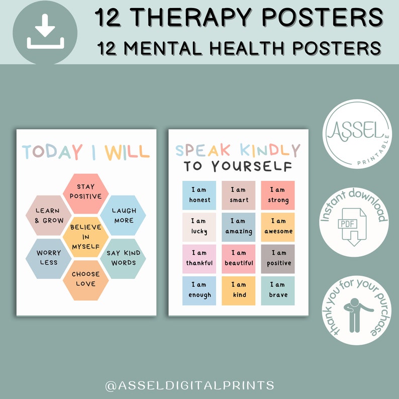 Set of 12 Therapist Office Decor School Counselor Posters , Therapist