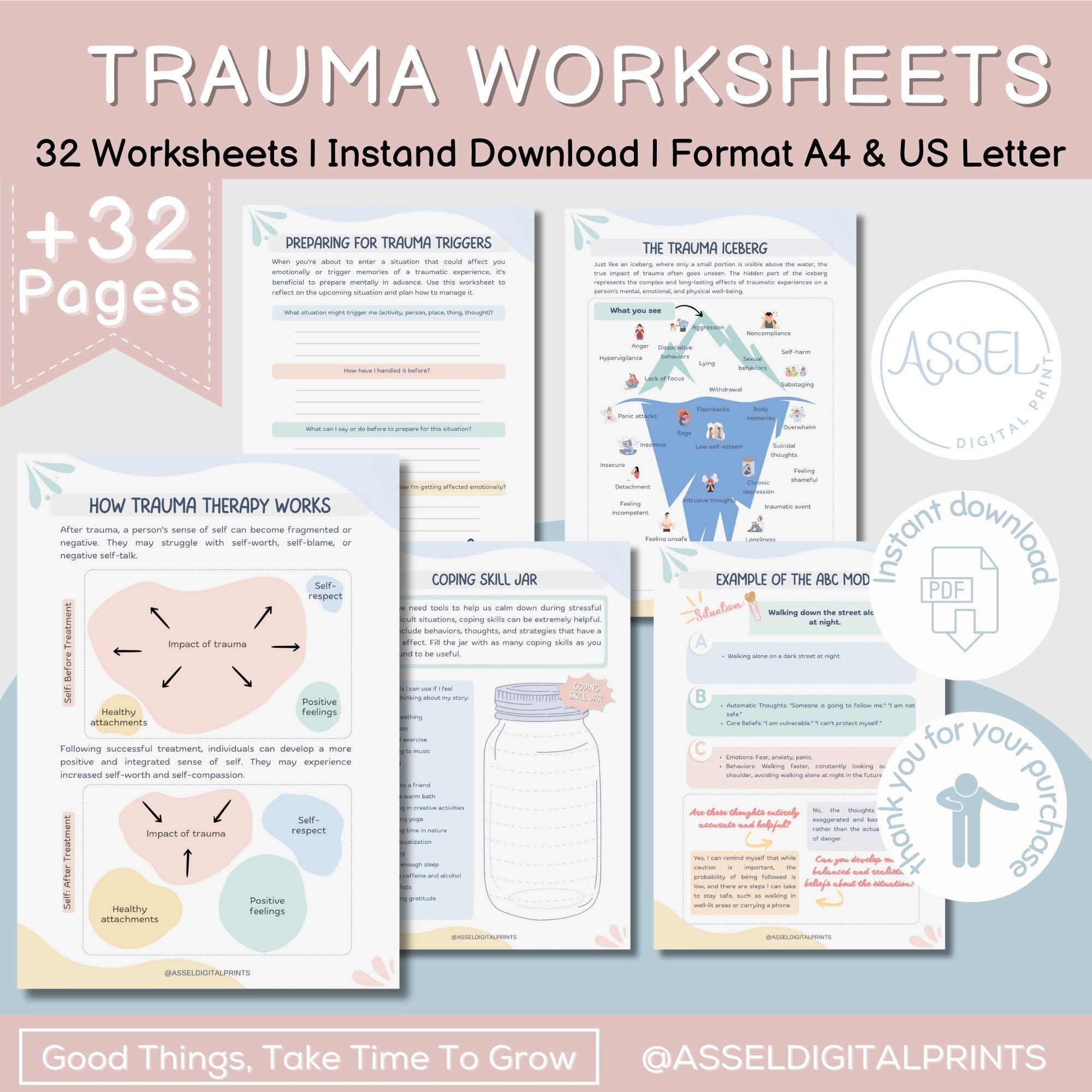 Trauma Worksheets Adult Bundle, CBT for Teens, Trauma Therapy Treatment