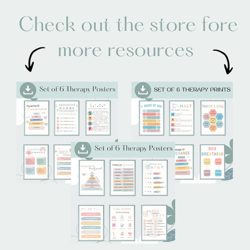 May include: Set of 12 printable therapy posters in pastel colors with various mental health topics, including grounding techniques, self-care, and calming strategies. The posters feature illustrations and text, such as "Pyramid of Transformation", "Grounding Techniques", "S.T.O.P", "Rules of Life", "HALT", "Today I Will", "Happy Chemicals", "Maslow's Hierarchy of Needs", "Types of Self-Care", "Think", "It's OK To", "Calming Strategies", "Self-Care Checklist", and "Box Breathing".
