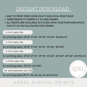 Op de afbeelding: Een digitale, afdrukbare gids voor afdrukformaten voor verschillende beeldverhoudingen. De gids bevat formaten voor 4x5, 3x4, 2x3, 11x14 en internationale formaten. De tekst "INSTANT DOWNLOAD" staat bovenaan de pagina. De tekst "ASSEL DIGITAL PRINTS" staat onderaan de pagina.