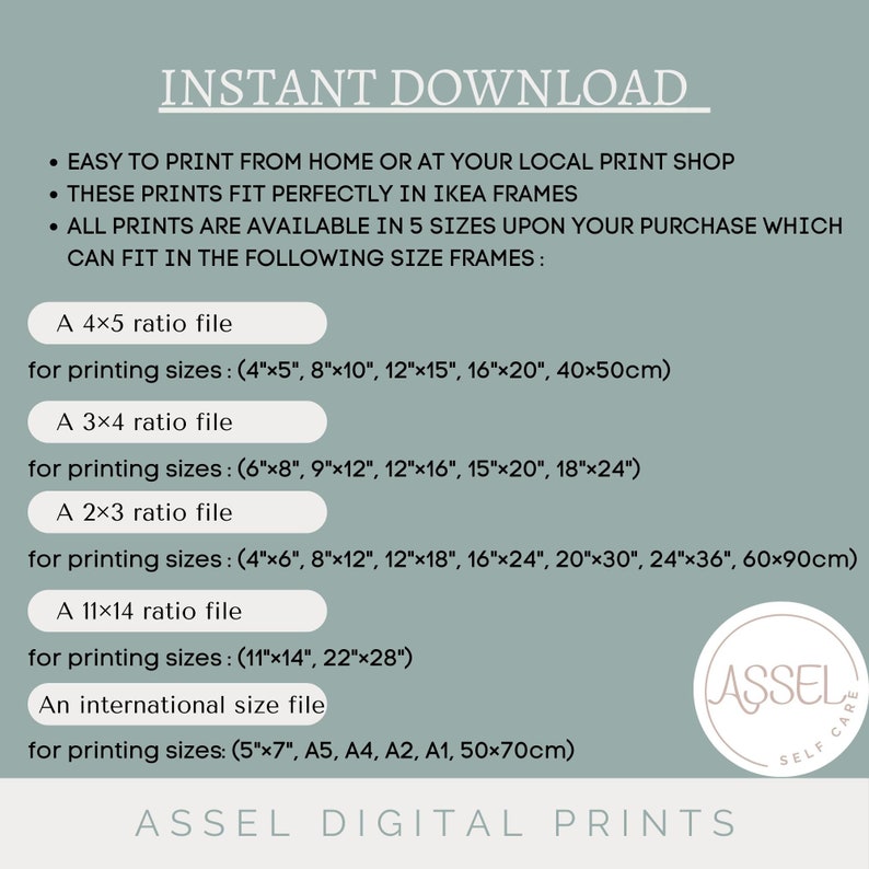 Op de afbeelding: Een digitale, afdrukbare gids voor afdrukformaten voor verschillende beeldverhoudingen. De gids bevat formaten voor 4x5, 3x4, 2x3, 11x14 en internationale formaten. De tekst "INSTANT DOWNLOAD" staat bovenaan de pagina. De tekst "ASSEL DIGITAL PRINTS" staat onderaan de pagina.