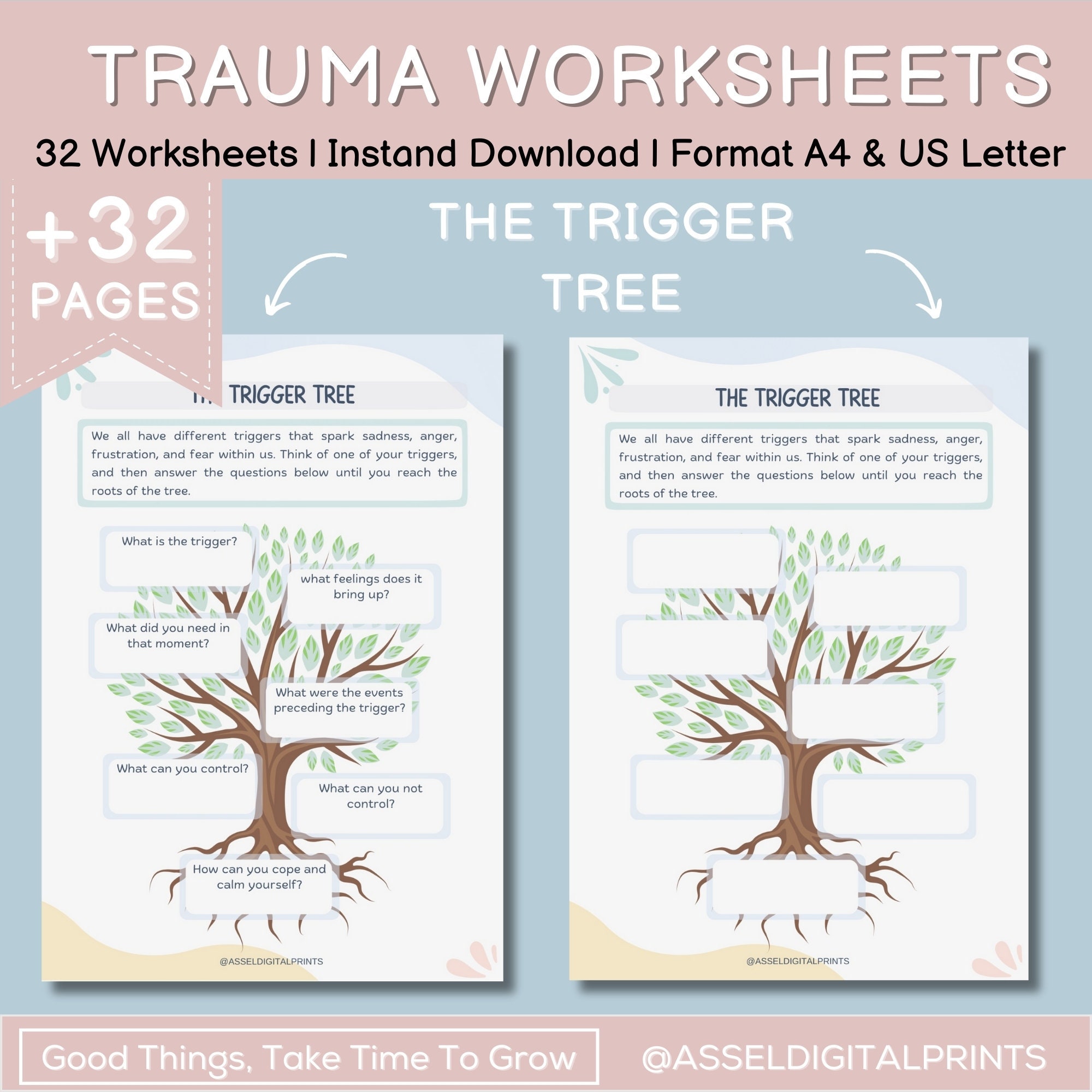 Trauma Worksheets Adult Bundle, CBT for Teens, Trauma Therapy Treatment