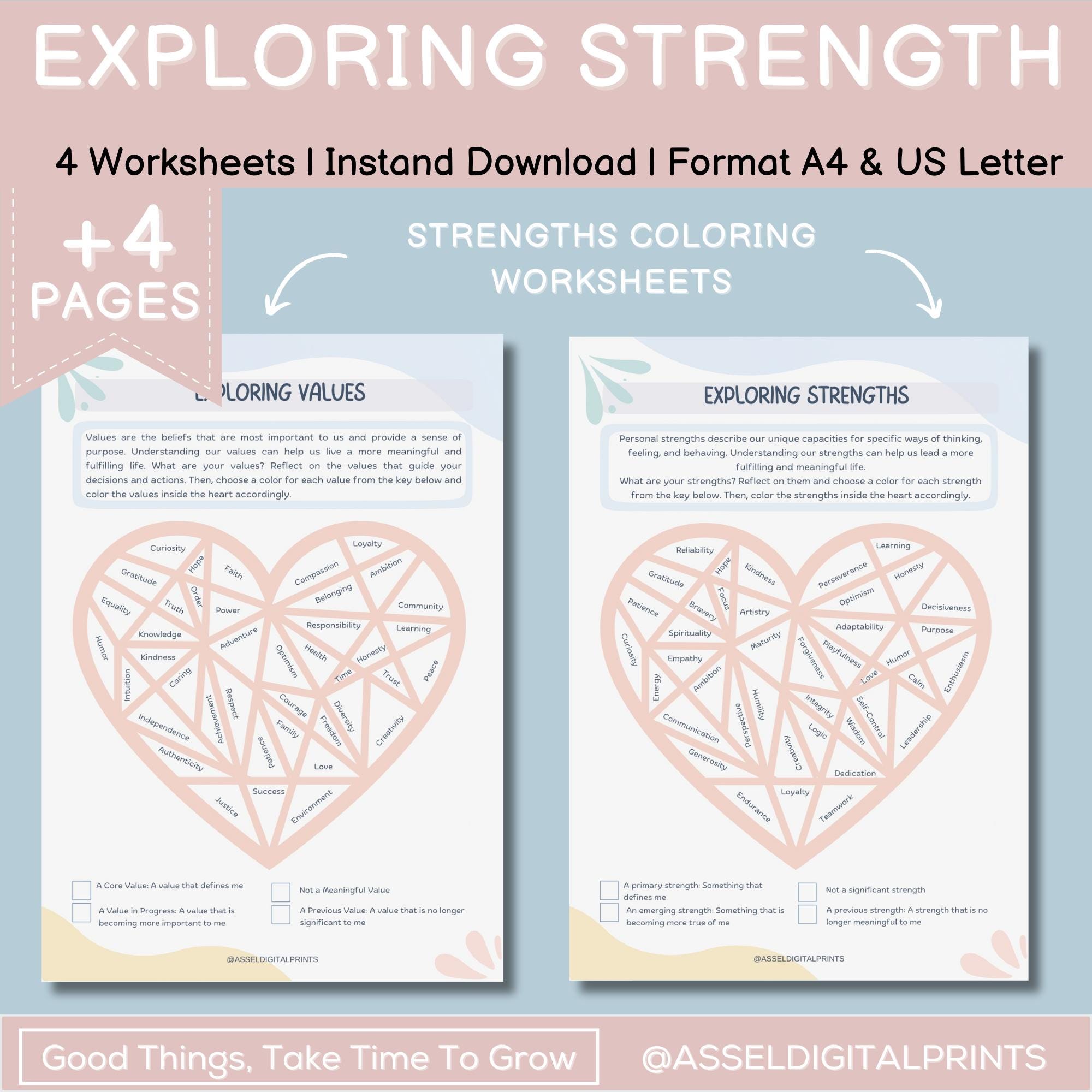 Strengths Coloring Worksheet, Therapy Tool, Mental Wellness Tool, Social Work Printable, teen mental health, resilience growth